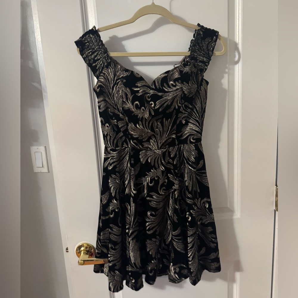 Emerald Sundae off the shoulder Gold and Black Velvet Mini Dress